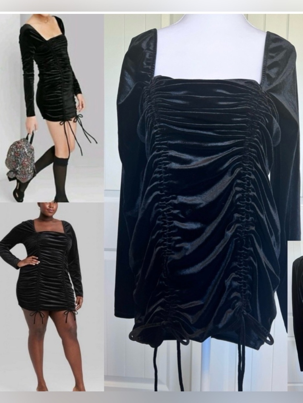 Velour Bodycon Ruched Stretch Long Sleeve Dress Wild Fable Black Sz XL